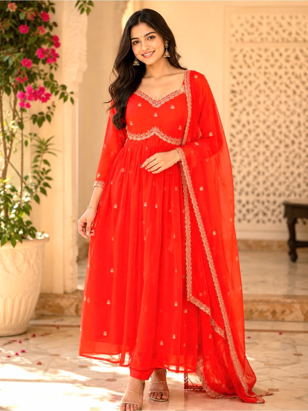 Orange Embroidered MaxiAnarkali Salwar Dupatta Bollywood Indian with Gold Detail